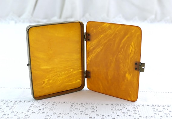 Vintage French Swirl Butterscotch Bakelite Cigarette / Card Case, Retro Honey Catalin Rectangular Hinged Box from France, Orange Plastic