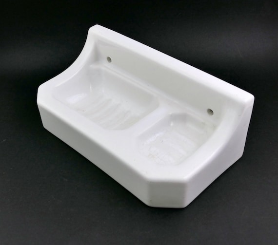 Large Vintage French White China Wall Mounted Soap and Sponge Holder, Retro Ceramic Bathroom Double Soap Bar Dish, Art Deco 1930s Washing