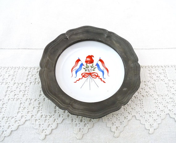 Vintage French Commemorative Wall Plate Celebration of the Revolution in 1789 with Flags on Fine Porcelain China and Pewter Surround