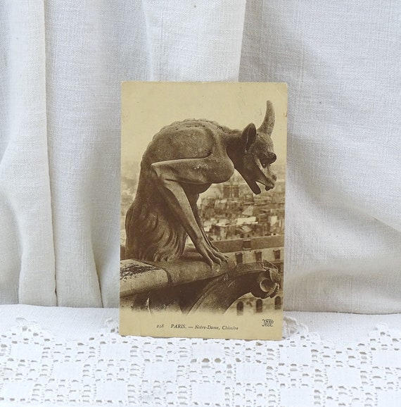 French Antique Sepia Black and White Postcard of Gargoyle from Notre Dame de Paris Cathedral, Vintage Image of Parisian Monument