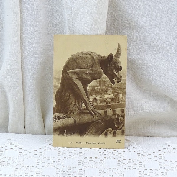 French Antique Sepia Black and White Postcard of Gargoyle from Notre Dame de Paris Cathedral, Vintage Image of Parisian Monument