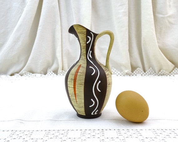 Small Vintage Mid Century West German Ceramic Vase 4831/15 with Chocolate Brown Yellow and White Pattern, Retro 1950s Berlin Home Decor