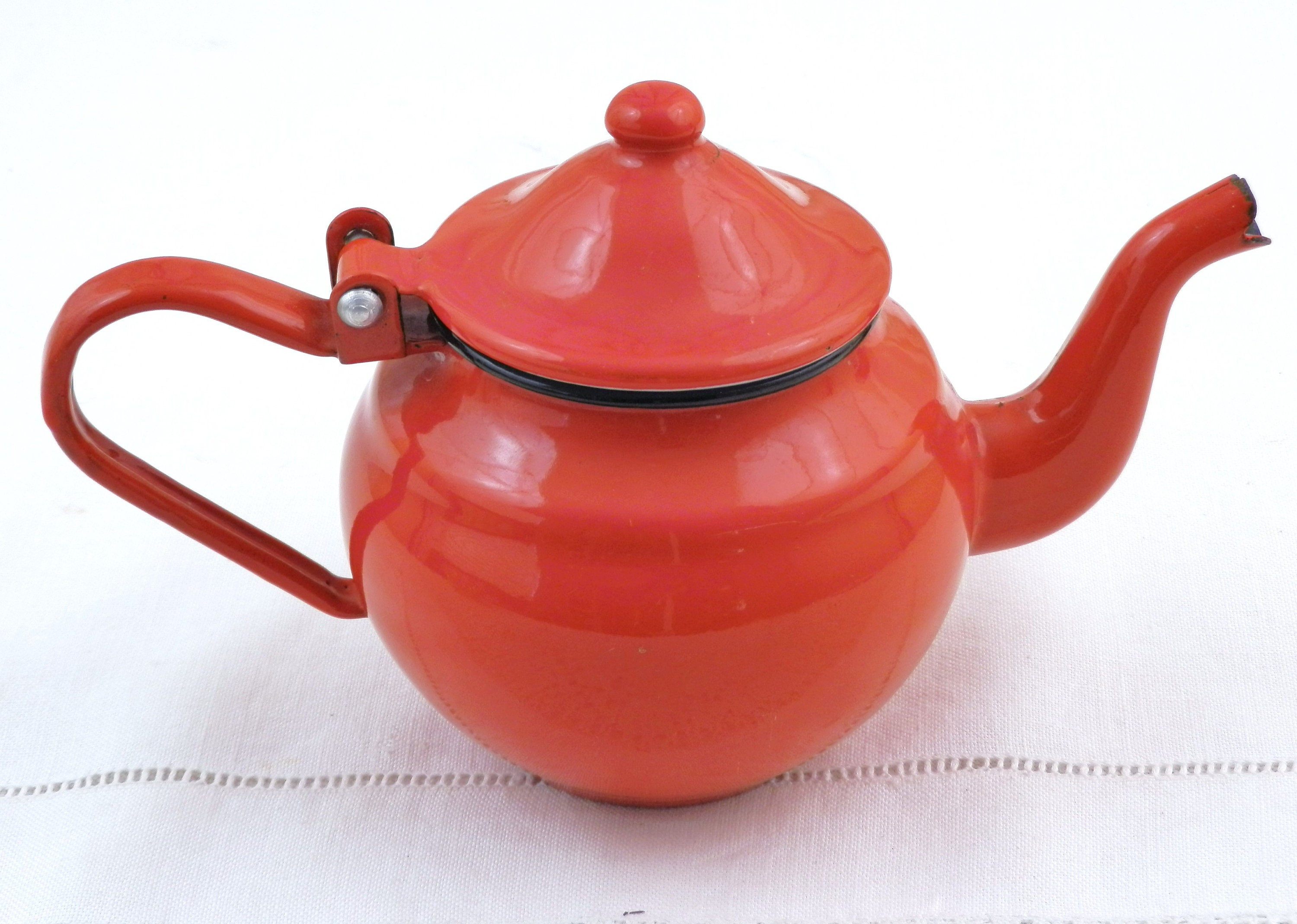 Small Vintage Unused Red Enamel Tea Pot with Goose Neck Spout, French
