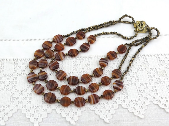 Vintage Italian Mid Century  Triple Strand Banded Flat Bead Glass Brown Necklace, 1960s Fashion Jewelry Accessory  from Italy