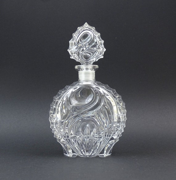 Large Vintage Clear Glass Perfume Bottle with Stopper, Retro Molded Glass Decanter Style Bottle, Ornamental Glassware Liquid Container