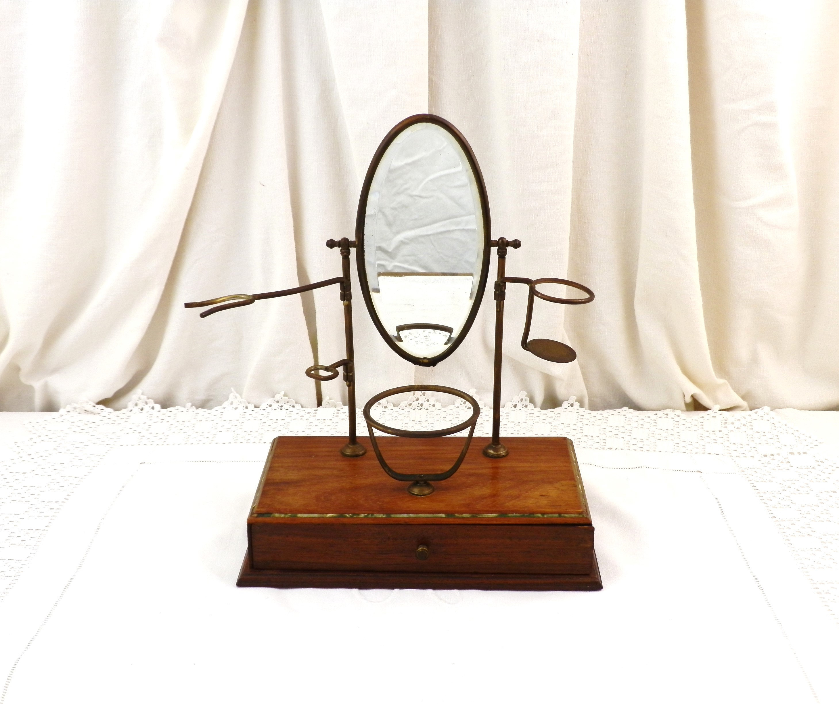French Antique Shaving Stand With Movable Brass Parts Beveled Mirror ...