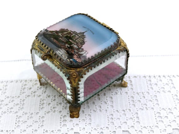 Antique French Square Beveled Glass Jewelry Box with Illustration of the Mont Saint Michel, Vintage Victorian Tourist Souvenir Normandy