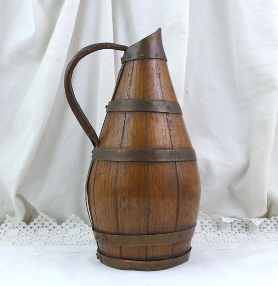 French Antique Wooden and Copper Cider Jug / Pitcher from Normandy, Vintage Rustic Primitive Barrel Country Farmhouse Kitchen Decor France