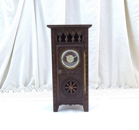 Small Working French Vintage Carved Wooden Breton Grand Father Clock, Vintage Wall Cupboard / Cabinet of Brittany France, Doll House Armoire