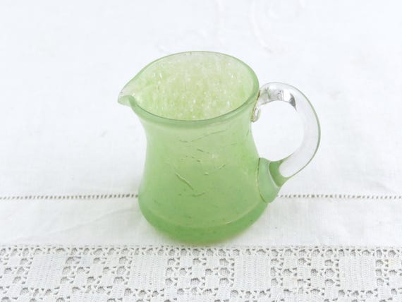 Small Vintage Handmade Pale Green Glass Pitcher with Crackle and Bubble Decoration, Little Retro Artisan Glassware Jug, Natural Vase France