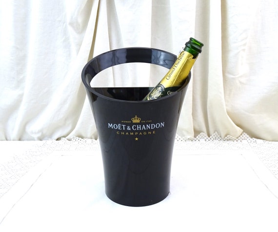 Vintage French Designer Champagne Ice Bucket for Moet et Chandon in Black Acrylic with Gold and White Lettering, Retro White Wine Accessory