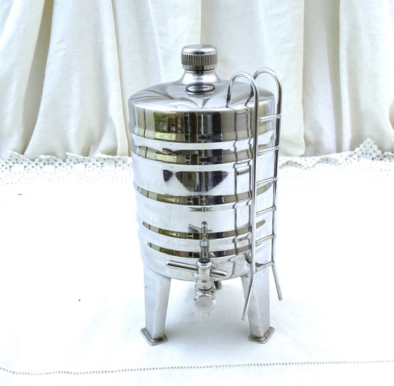 Vintage French Novelty Stainless Steel Water Tank Shaped Spirits Dispenser, Retro Barware in Shape of a Fermenting Barrel, Man Cave Decor