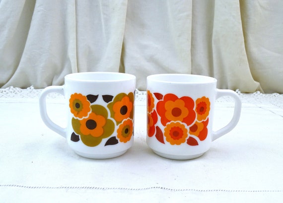 2 Vintage Mid Century French Mobil White Milk Glass Coffee Mugs with Orange and Brown Flower Pattern, Retro Pair of 1970s Cups from France