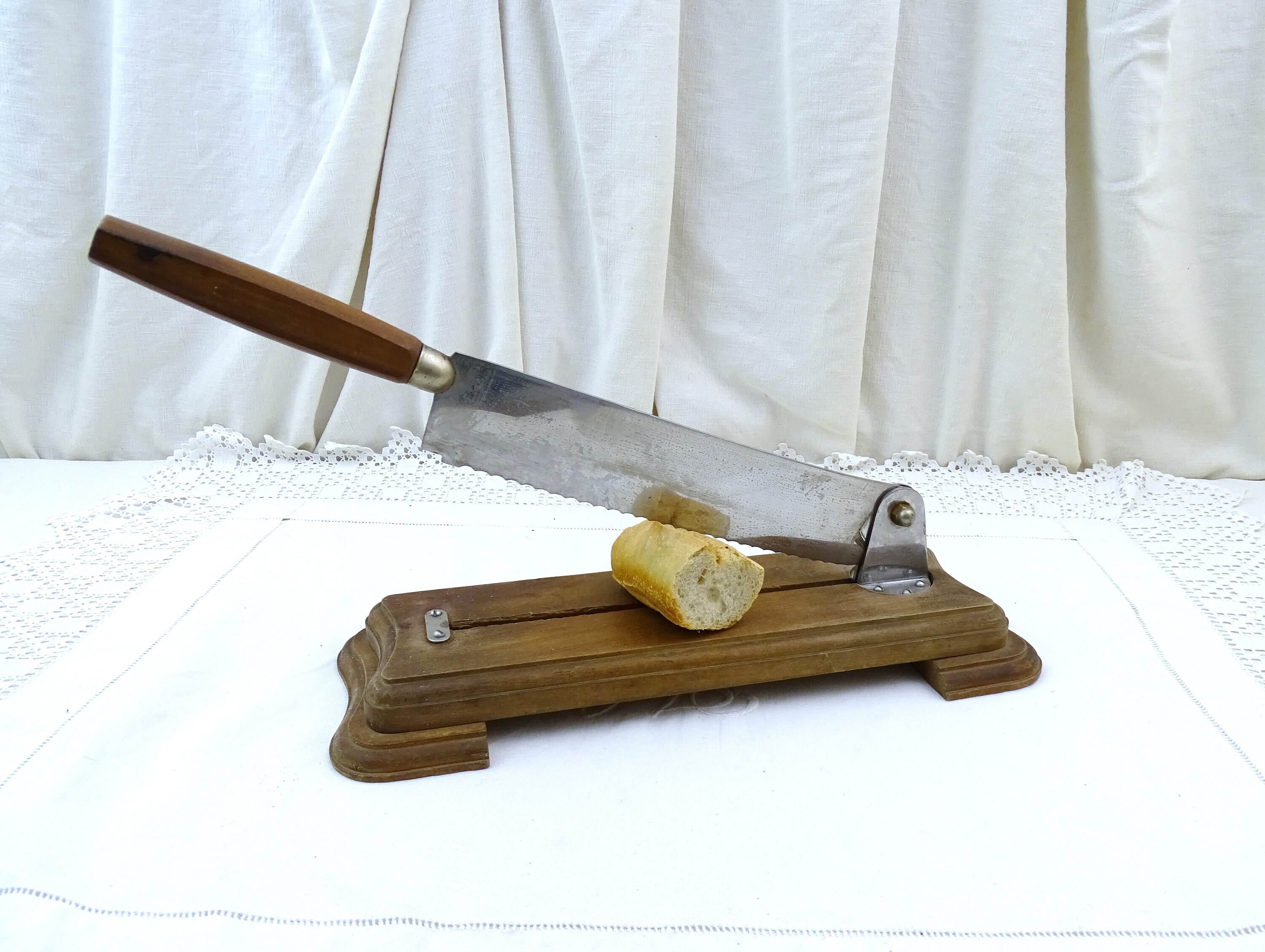 Vintage French Guillotine Bread Knife with Wooden Stand, Baguette Bread