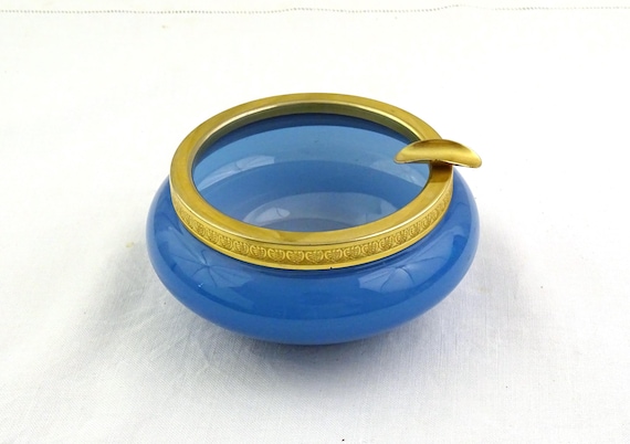 Vintage Murano Mid Century Blue Milk Glass Ashtray with Gold Tone Metal Banding, Retro 1960s Opaline Smoking Accessory, Ring Dish