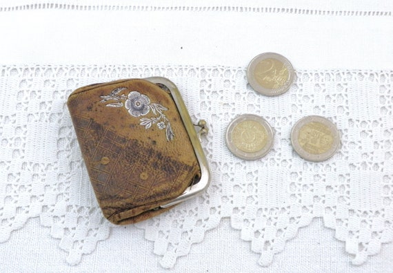 Small French Vintage Leather Ball Clasp Purse with Worn Silver Flower Pattern, Retro Woman Pocket Cash Coin Wallet from France, Flea Market