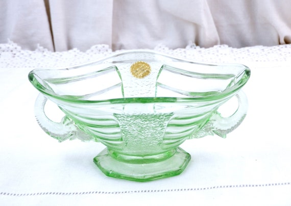 Vintage 1950s British Tyneside Glassware by Sowerby Green Glass Decorative Bowl with Elephant Handles , Retro 50s English Carnival Glass