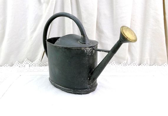 Small Antique French Handmade Zinc Watering Can with Removable Brass Pouring Spout, Vintage Gardening Accessory France, Retro Garden Decor
