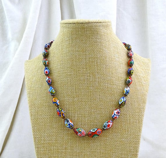Vintage Italian Venetian Moretti Millefiori Glass Murano Oval Glass Bead Necklace, Retro Handmade Colorful Glassware Jewelry from Italy