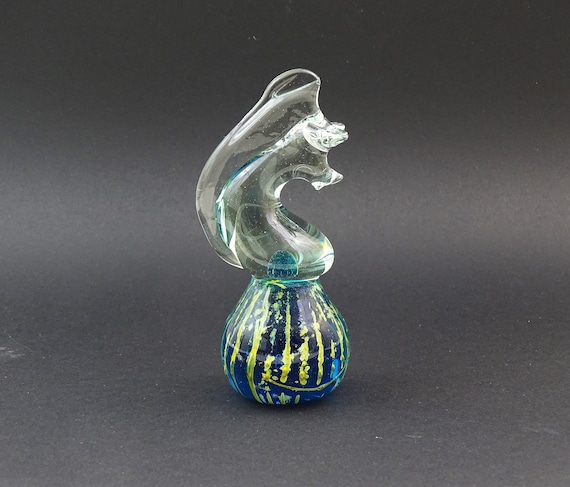 Vintage Maltese Mdina Studio Glass Seahorse Paperweight with Sea Blue and Clear Glass Signed on the Base, Retro Sea Creature Figurine Malta