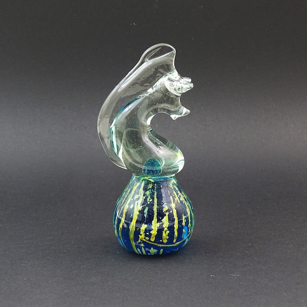 Vintage Maltese Mdina Studio Glass Seahorse Paperweight with Sea Blue and Clear Glass Signed on the Base, Retro Sea Creature Figurine Malta