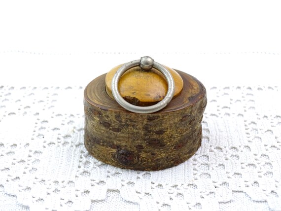 Small Vintage French Rustic Wooden Box with Tree Bark Decoration, Retro Primitive Handmade Container from a Branch, Country Woodland Decor