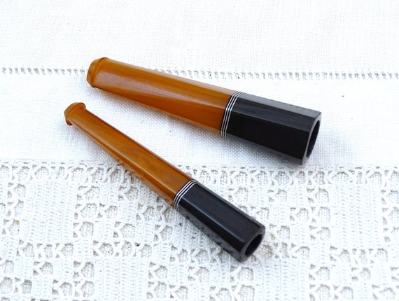 Pair of Vintage French Cigarette Holders of Amber Bakelite with Black Celluloid and Silver Inlay, Retro Set of Matching Smoking Accessory