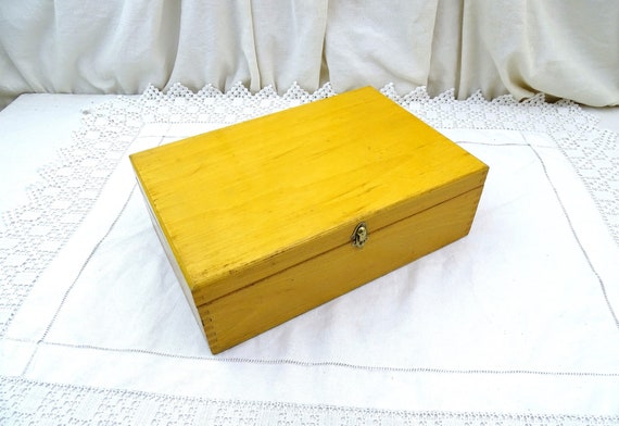 Large Antique French Pine Wood Rectangular Box with Inner Compartment, Big Vintage Wooden Storage Container from France, Country Farmhouse