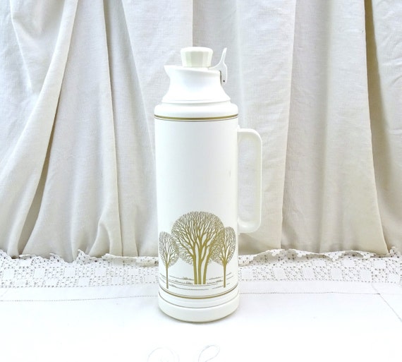 Vintage 1970s Emsa West German Vacuum Flask With Stylized Tree Pattern on Off White, Retro 1980s Picnic Accessory from Europe Germany