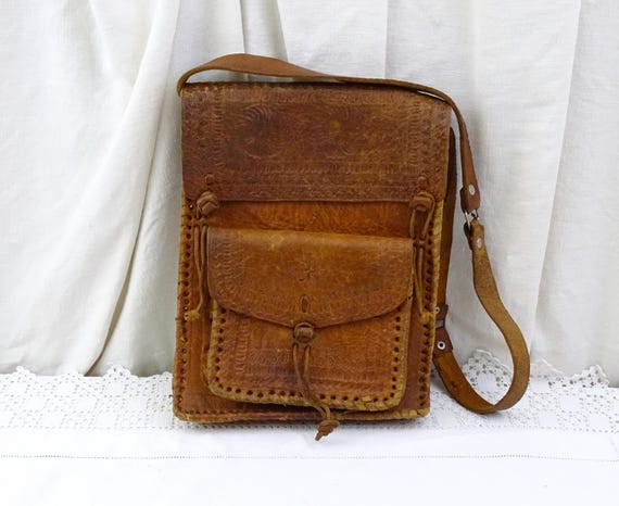 Worn Vintage Moroccan Handmade Leather Shoulder Bag, Retro Hippy Purse from North African, Brown 1960s Handbag Leatherware Prop