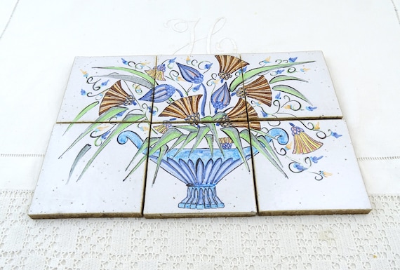 6 Vintage Italian Unused Hand Painted Mural Splash Back Ceramic Square Tiles with Floral Pattern, Retro Pottery Kitchen Handmade Decor Italy