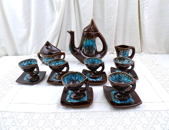 Vintage French 1950s Vallauris Mid Century Coffee Set with Pot 6 Cups and Saucers Sugar Bowl and Creamer in Brown and Blue Fat Lava Glaze