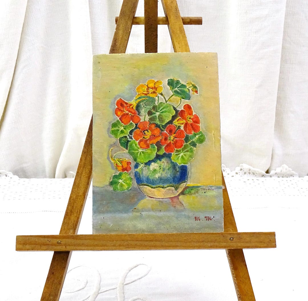 小さなヴィンテージ手描きの絵画、木製のボード上の花瓶に入った