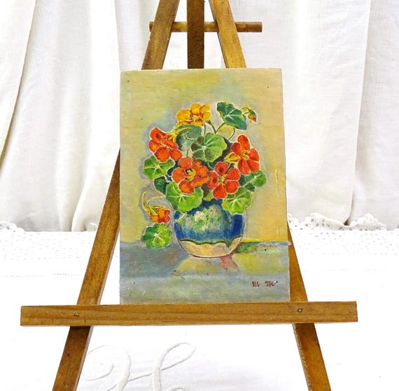 Small Vintage Hand Painted Picture French Still Life of Nasturtiums Flowers in Vase on Wooden Board, Painting Floral Composition France