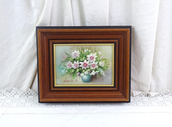 Small Vintage French Framed Oil Painting of Floral Composition by Lebrun P, Retro Oil on Board Picture of Flowers in a Vase Wooden Frame