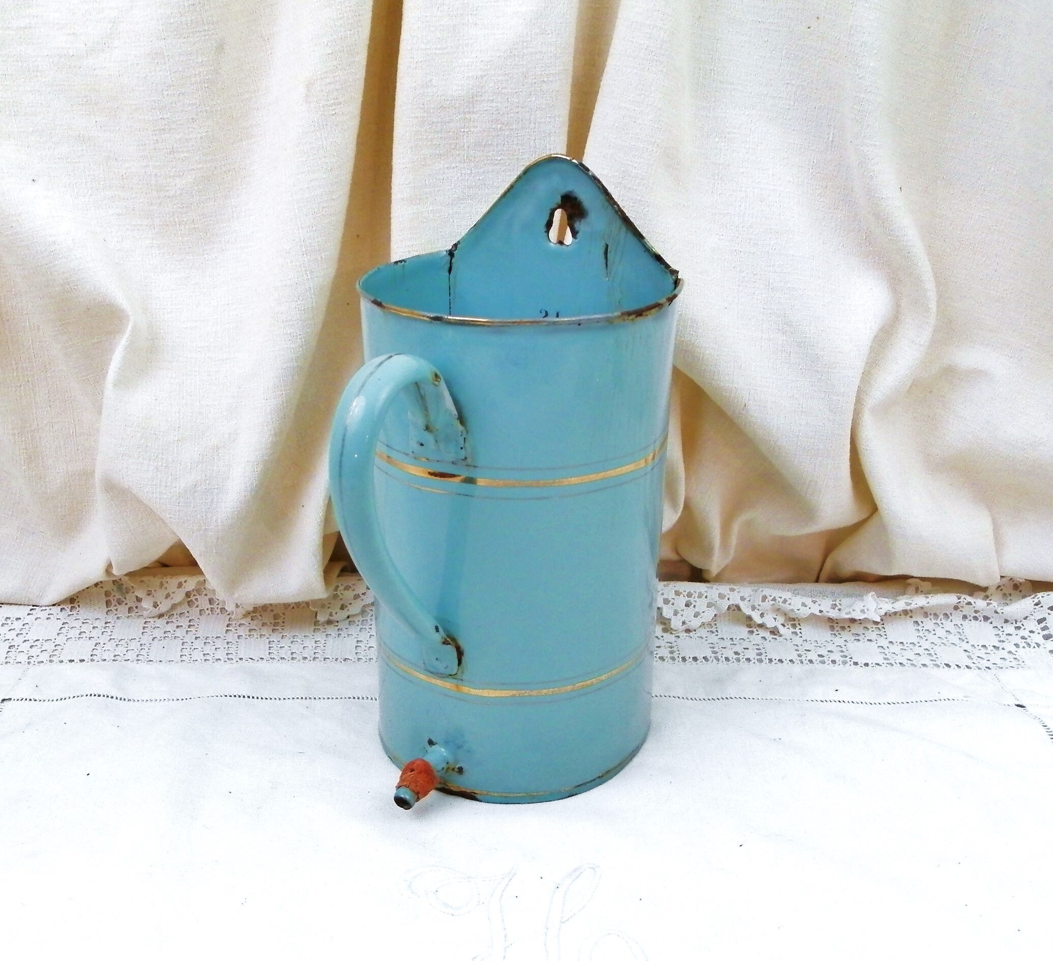 Antique French Pale Blue Enamel Water Dispenser with Gold Bands, Wall