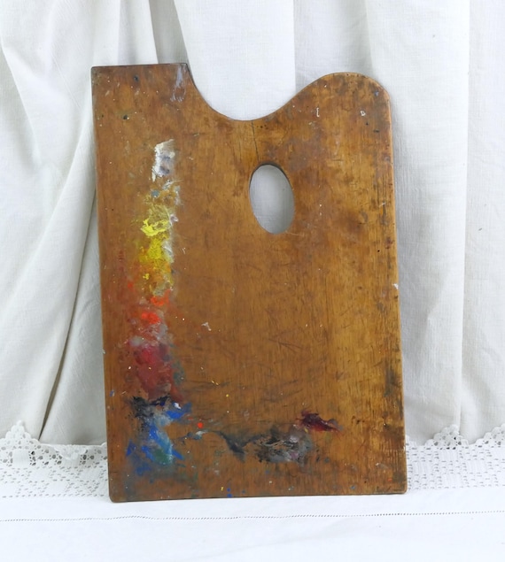 Antique Rectangular Used Wooden Artist's Oil Paint Color Palette, Retro Painter's Accessory from France, Old Painting Equipment Wall Decor