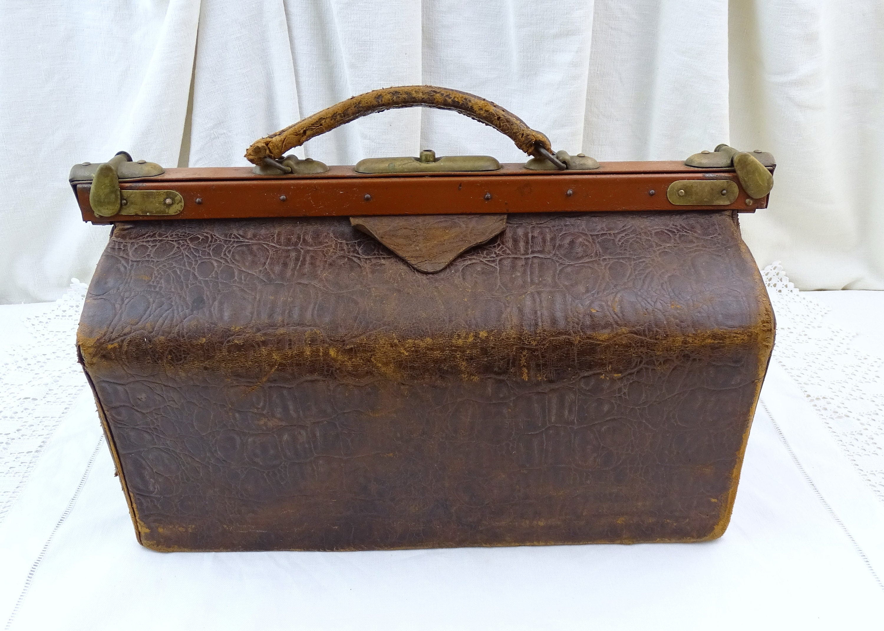 Antique French Brown Leather Gladstone Bag, Doctor / Midwife Bag