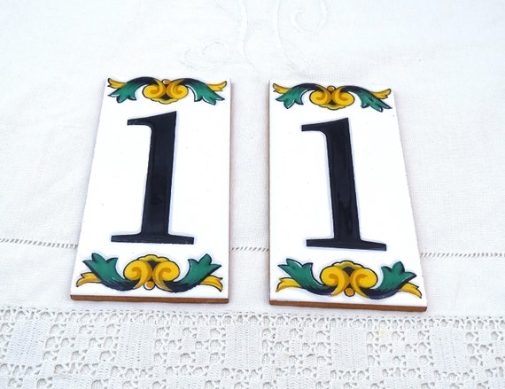 Vintage Spanish Pottery Tiles House Number 11 in White with Green and Yellow, Retro Street Addressee Plaque Sign made in Spain of China