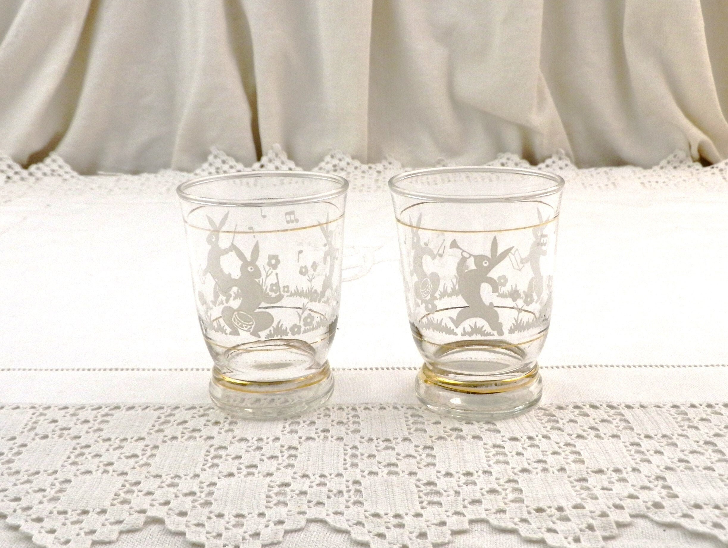 2 French Vintage Water Glasses with Printed Images of Bunny Rabbits