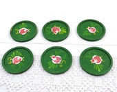 6 Vintage Round Green Painted Wooden Drinks Coasters with Handpainted Flower Pattern, Retro Boho Home Decor, Wagon Narrow Boat Style