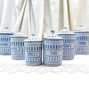 Antique French 6 Piece Enamel Canister Set in White with Blue Pattern and Lettering, Vintage Brocante Kitchen Enamelware Decor from France 画像 1