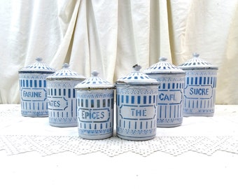 Antique French 6 Piece Enamel Canister Set in White with Blue Pattern and Lettering, Vintage Brocante Kitchen Enamelware Decor from France