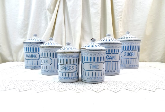 Antique French 6 Piece Enamel Canister Set in White with Blue Pattern and Lettering, Vintage Brocante Kitchen Enamelware Decor from France