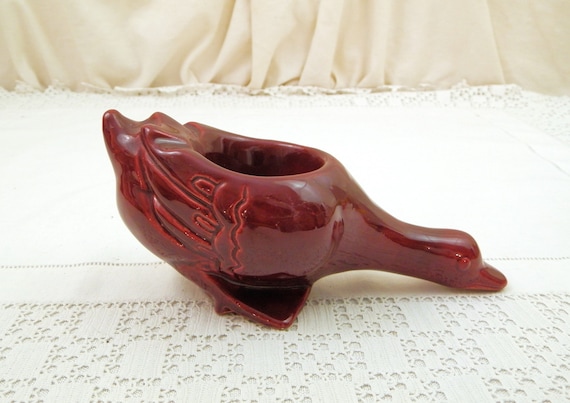 Vintage 1950s Maroon Majolica Ceramic Duck Ashtray, Retro Wildfowl Maiolica Glazed Pottery Ash Tray, Animal Lovers Desk Tidy Gift