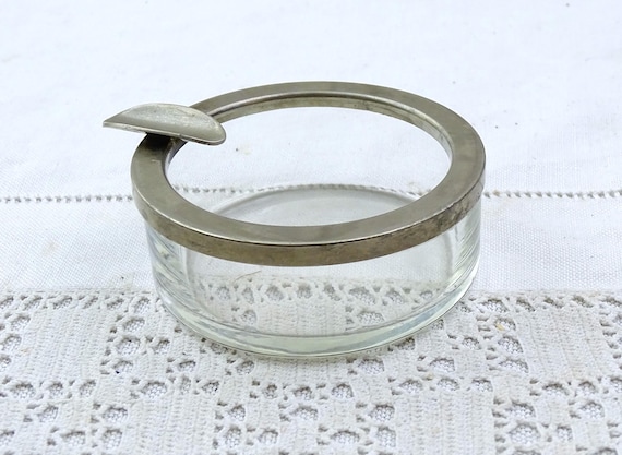 Small Vintage French Clear Glass Ashtray with Silver Tone Metal Banding, Retro Little Smoking Accessory from France