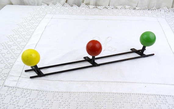 Vintage French Mid Century Modern Coat Rack with Colorful Wooden Balls, Retro 1960s Metal and Wooden Wall Mounted Clothes Hanger from France