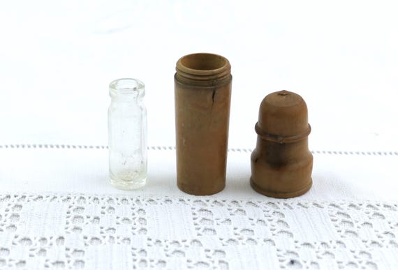 Small Antique French Wooden Treen Perfume Bottle Case with Tiny Glass Bottle, Retro Turned Box Wood Little Glass Bottle Holder from France