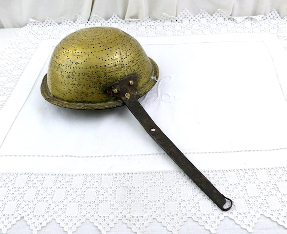 Large Antique French Primitive Rustic Brass and Forged Iron Kitchen Strainer, Kitchenware Decor, Restaurant Chateau Utensil Medieval Style