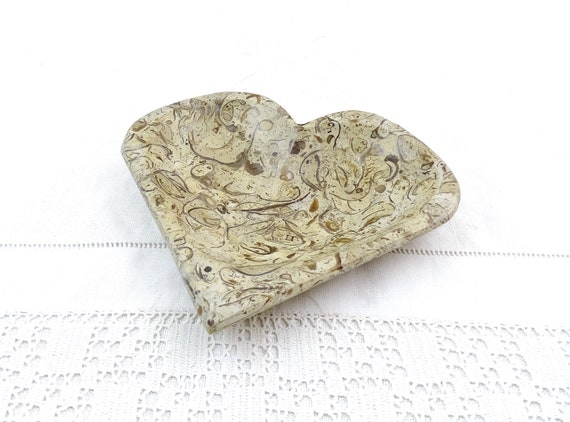 Vintage Carved Fossil Stone Heart Shaped Soap Dish, Old Rock Bathroom Decor, Retro Curio Mineral Ashtray, Trinket Bowl from France